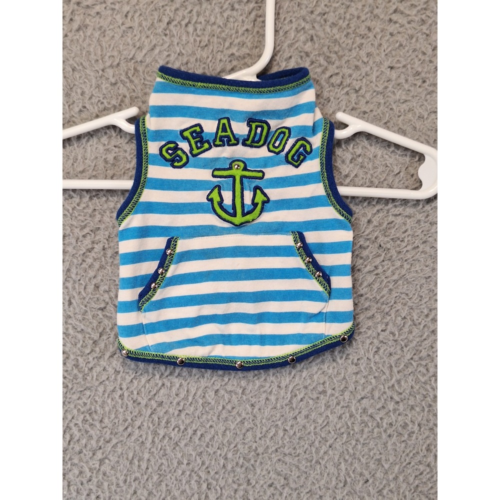 MM Sea Dog Anchor Striped Dog Tank Top‎ Vest Blue White Green XS Cute